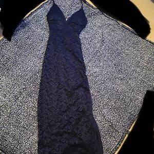Dark blue glittery lace prom dress